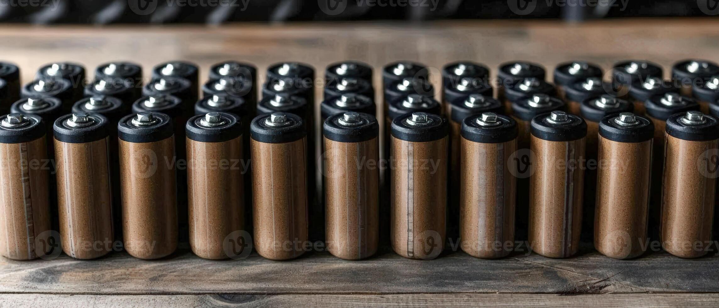 Rows of batteries on a wooden surface photo