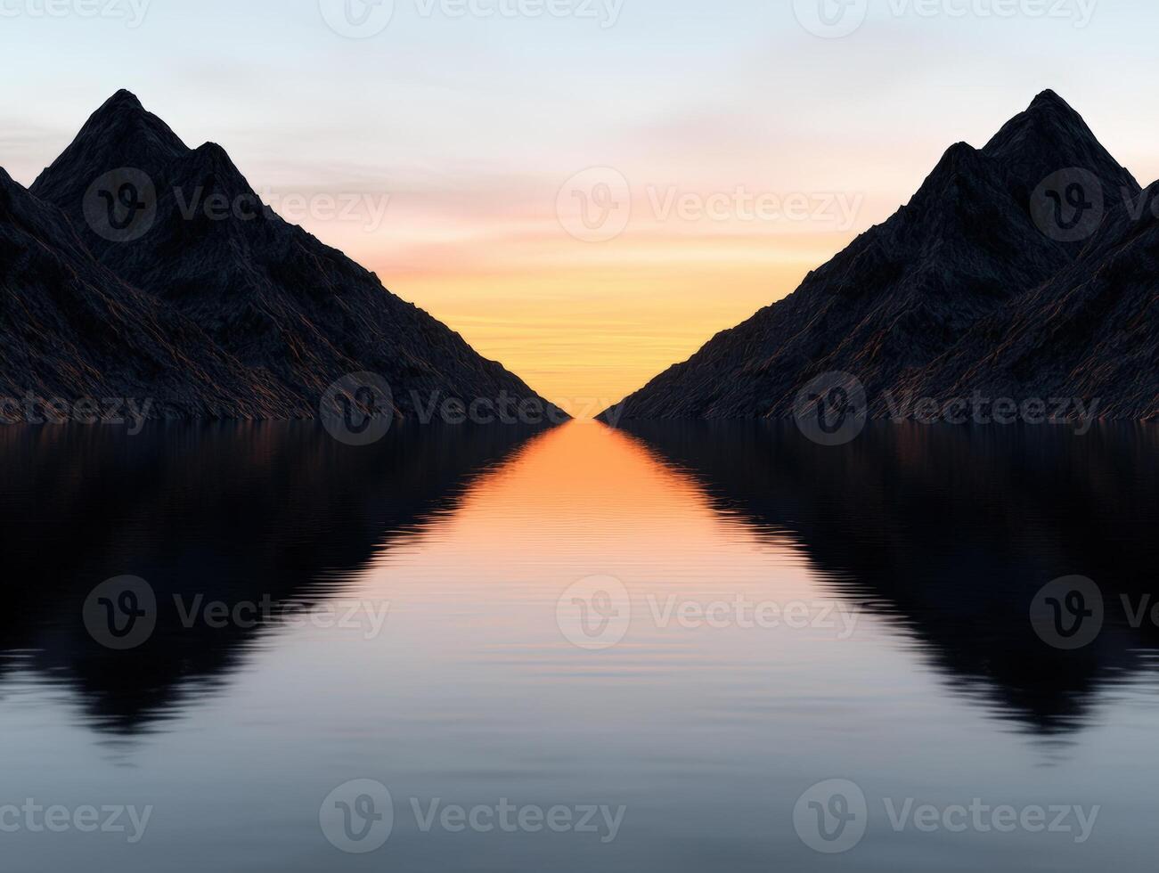 Mountains reflected in calm water at sunset photo