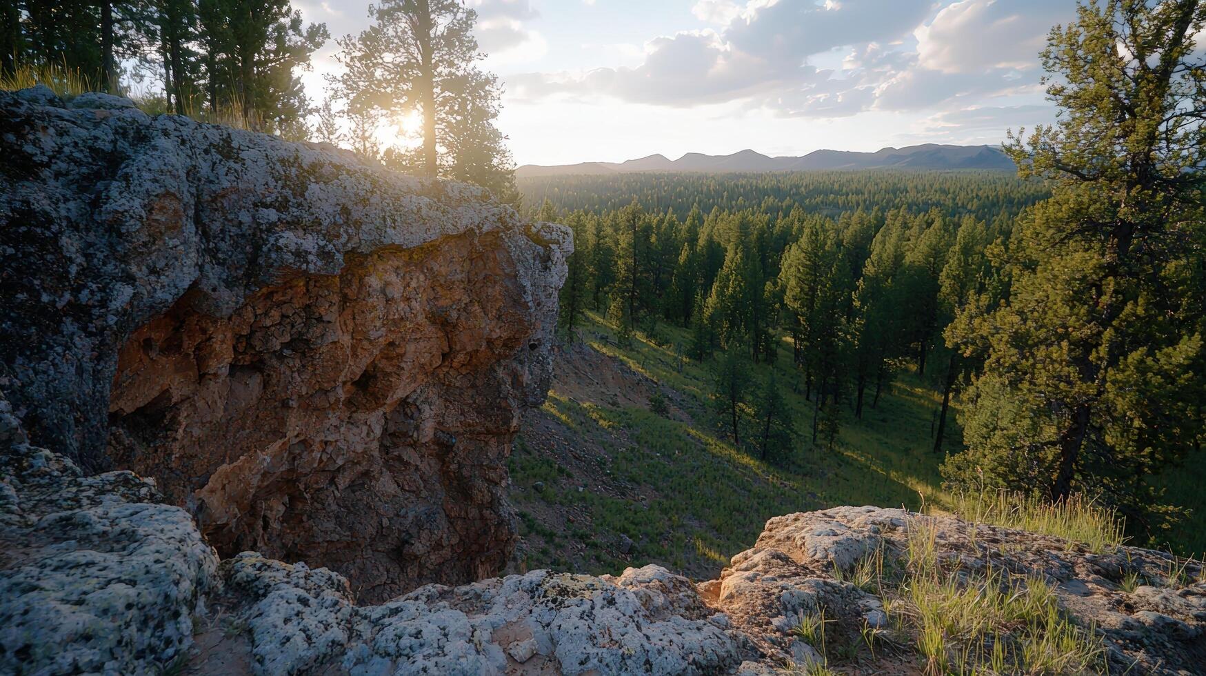 Scenic view of a forest from a rocky cliff at sunset photo