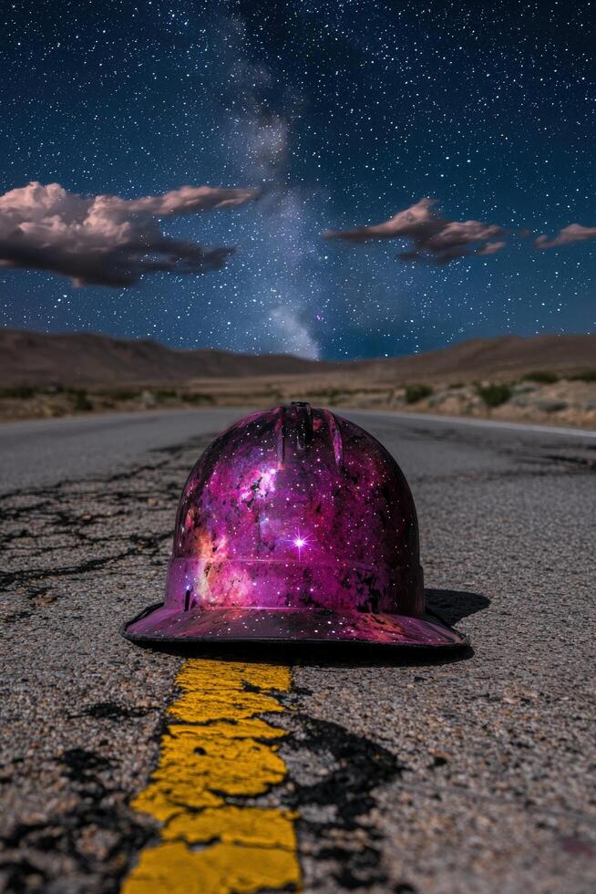 A hard hat with a galaxy design sits on a road under a starry sky photo