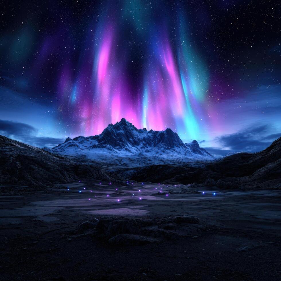 Aurora borealis over a mountain landscape with glowing lights photo