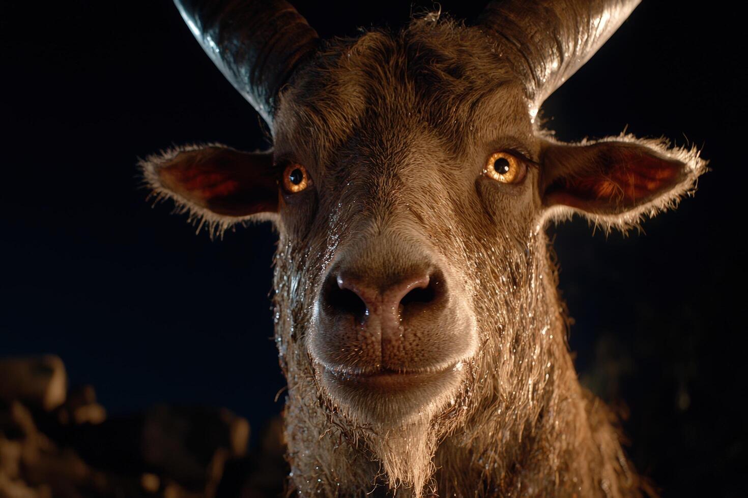 Close up of a goat with glowing eyes in the dark photo