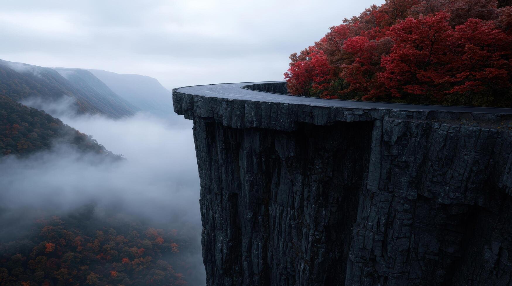 Scenic road on a cliff edge with autumn foliage and foggy mountains photo