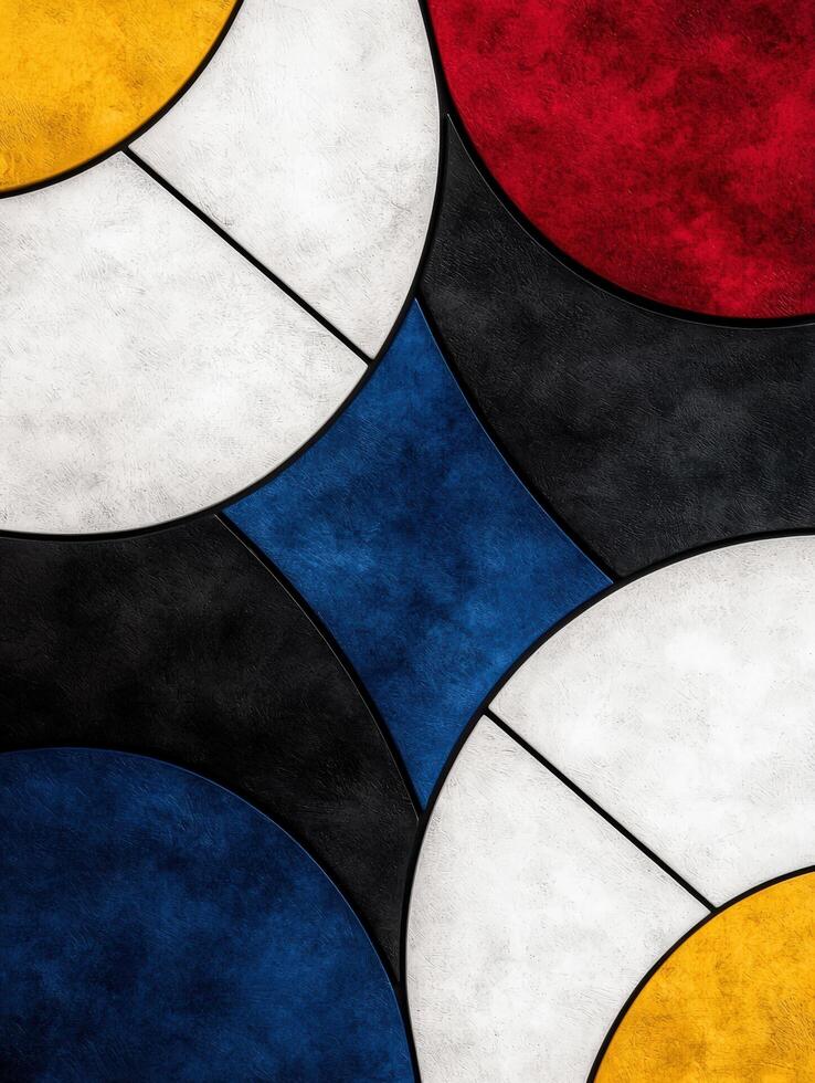 Abstract geometric art with circles and squares in red, yellow, blue, black and white photo