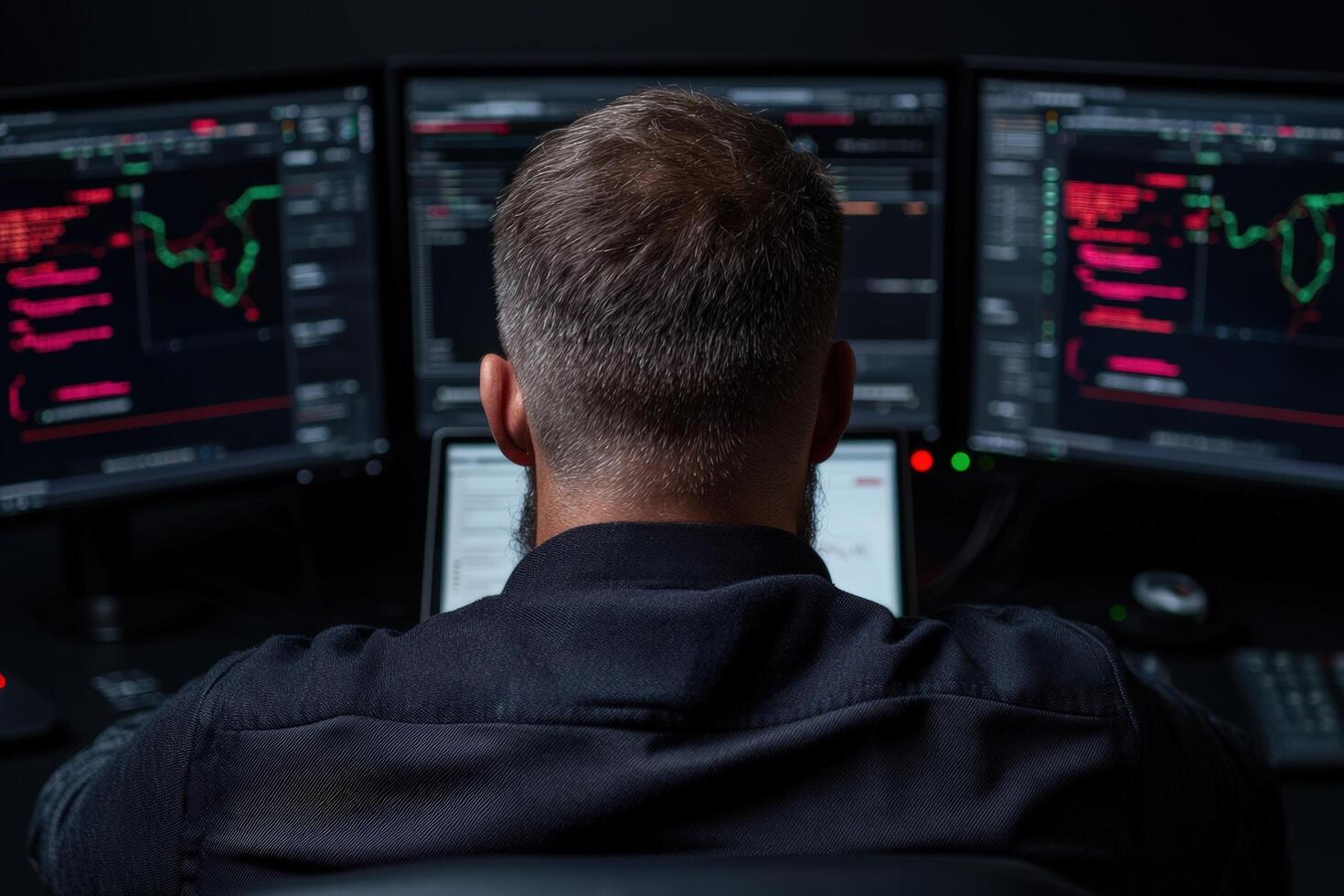 A man works at a computer station with multiple monitors displaying financial data photo