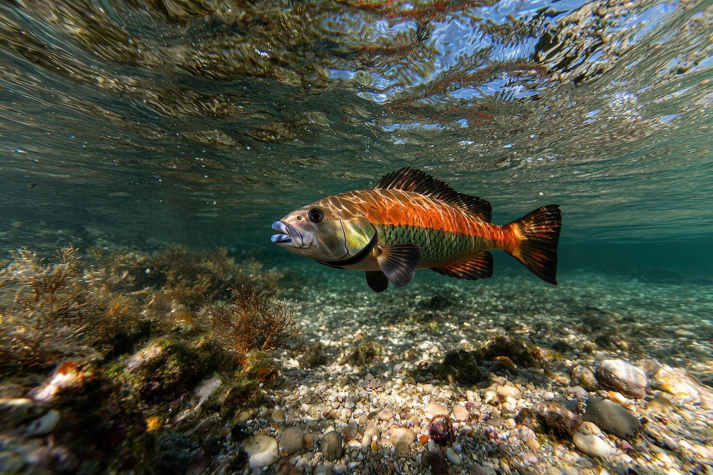 A colorful fish swims in the ocean near the seabed photo