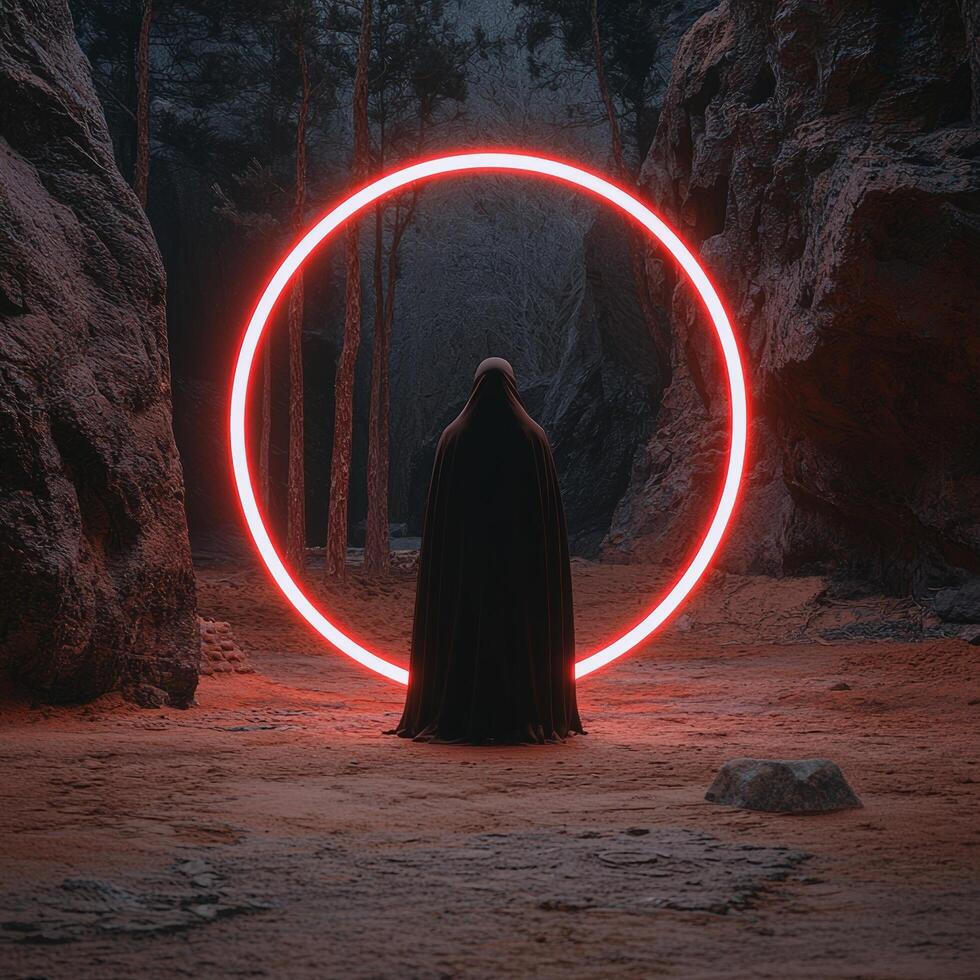 Mysterious figure in a cloak standing in front of a glowing portal in a dark forest photo