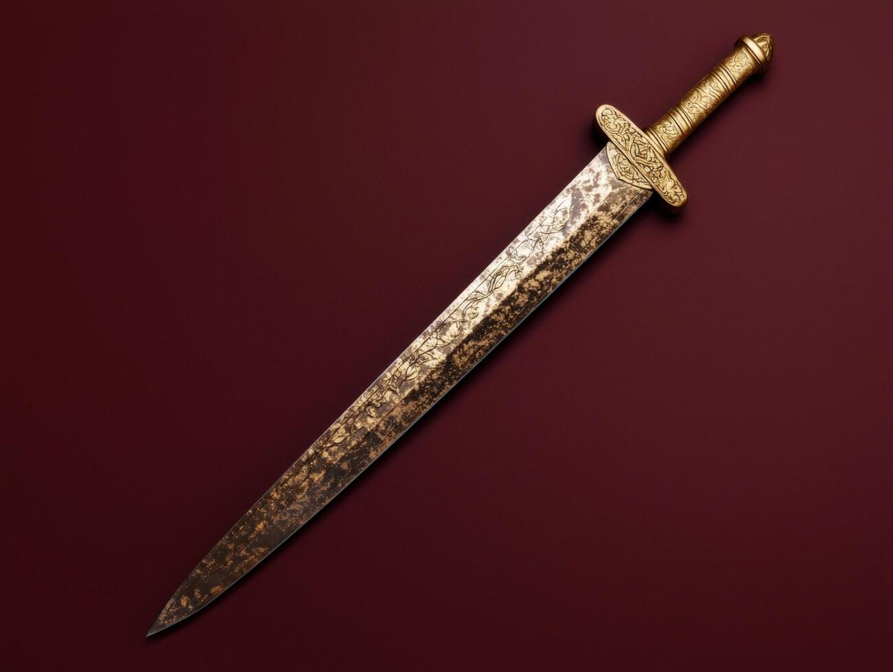 An ornate sword with a golden hilt and intricate designs photo