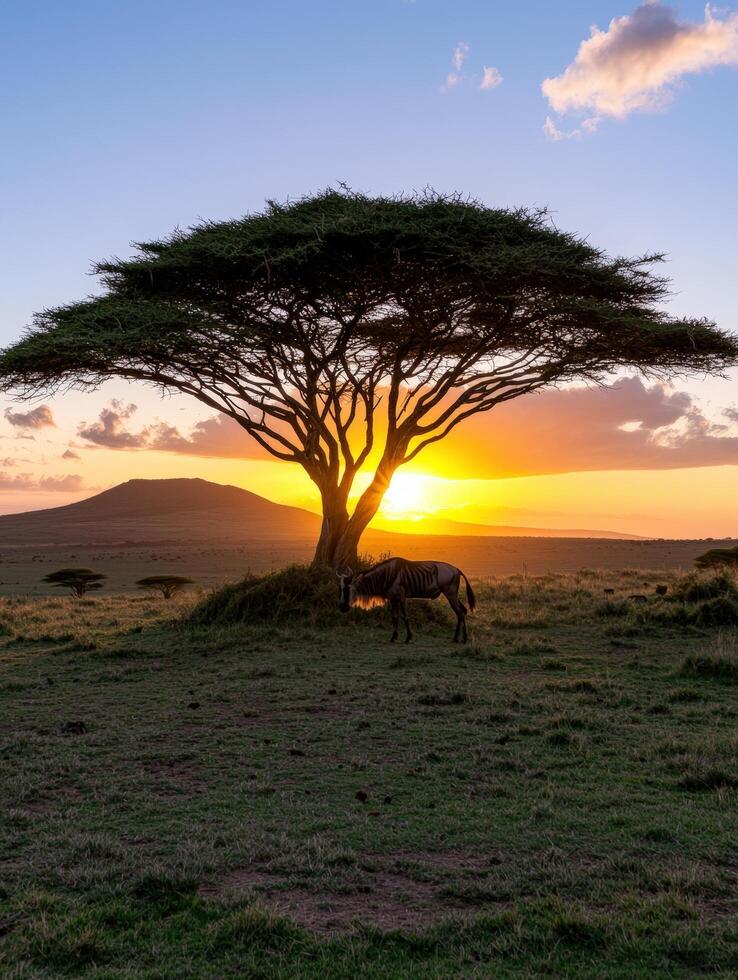 A wildebeest stands under an acacia tree at sunset in the African savanna photo