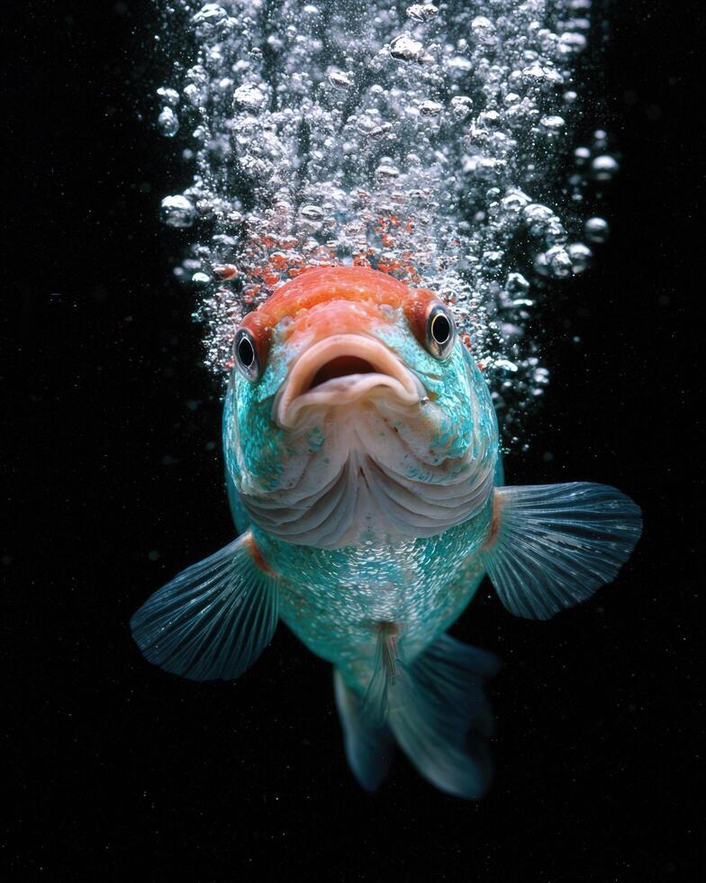 Close up of a goldfish swimming in water with bubbles photo