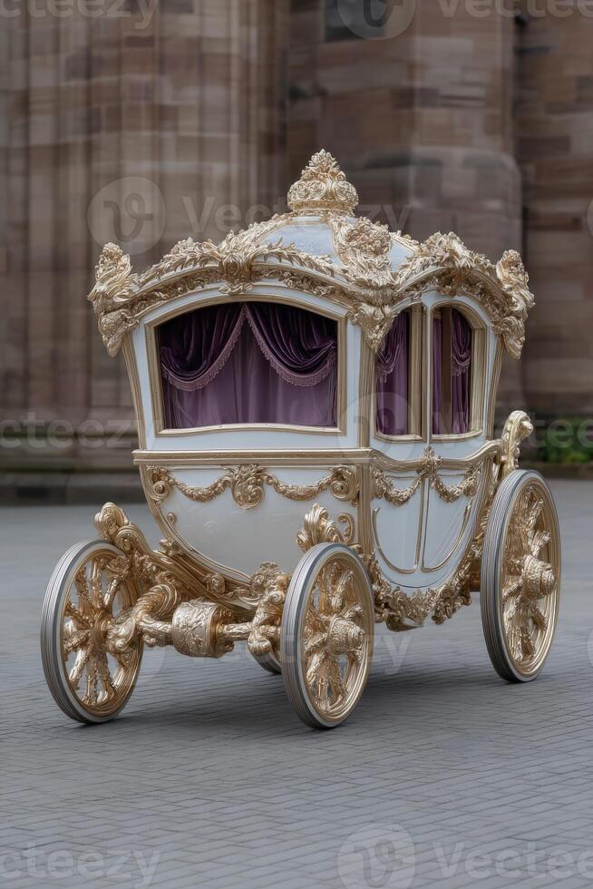 Ornate white and gold carriage with purple curtains photo