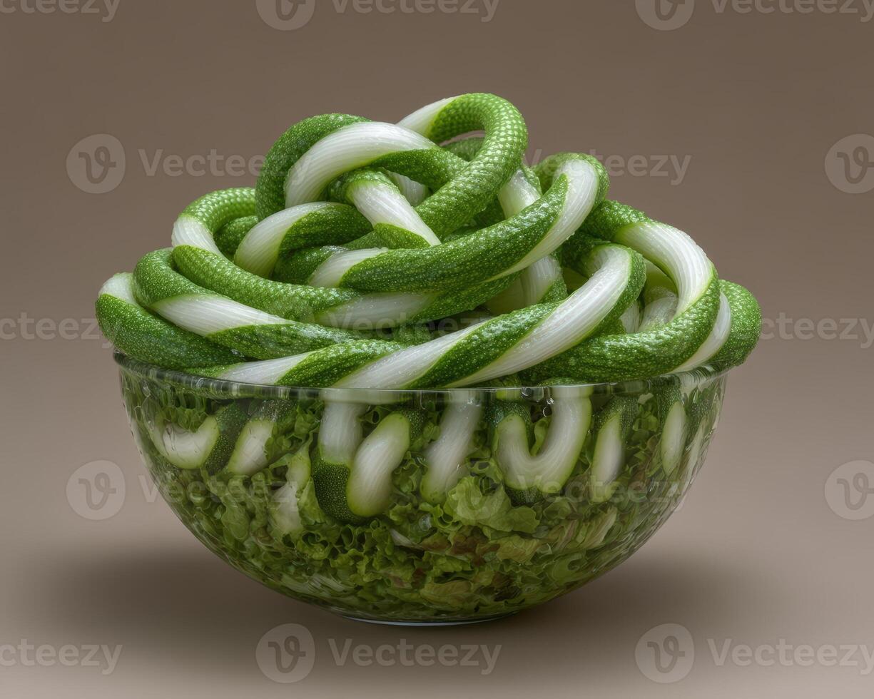 A bowl of twisted green and white vegetable spirals photo