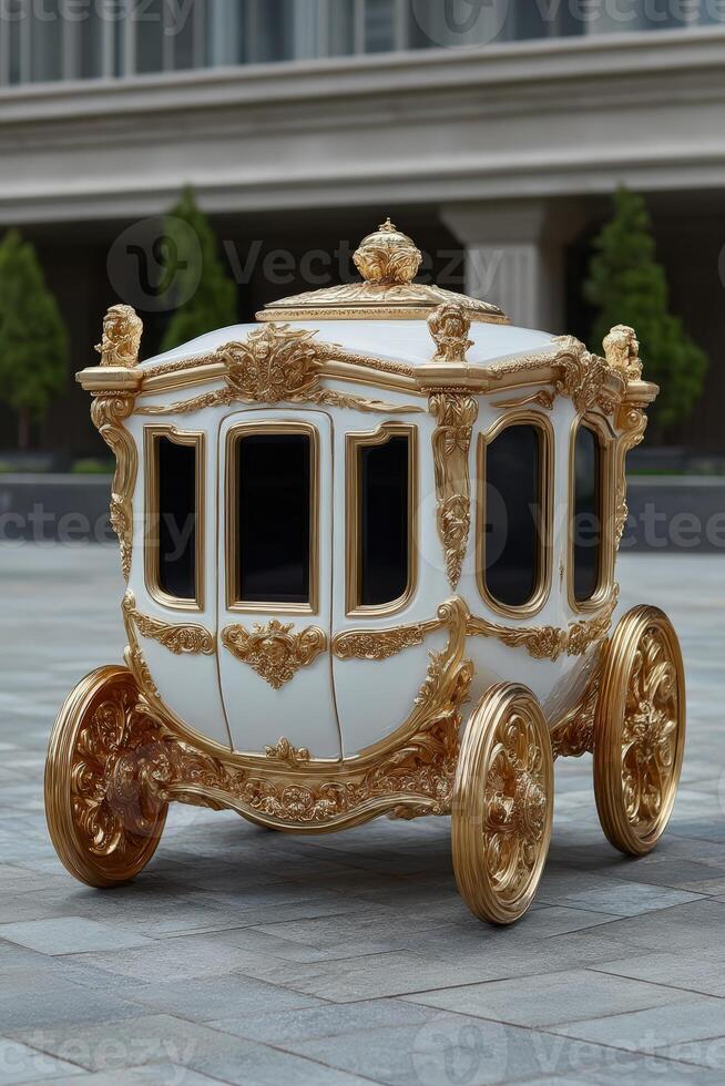 Ornate white and gold carriage in outdoor setting photo