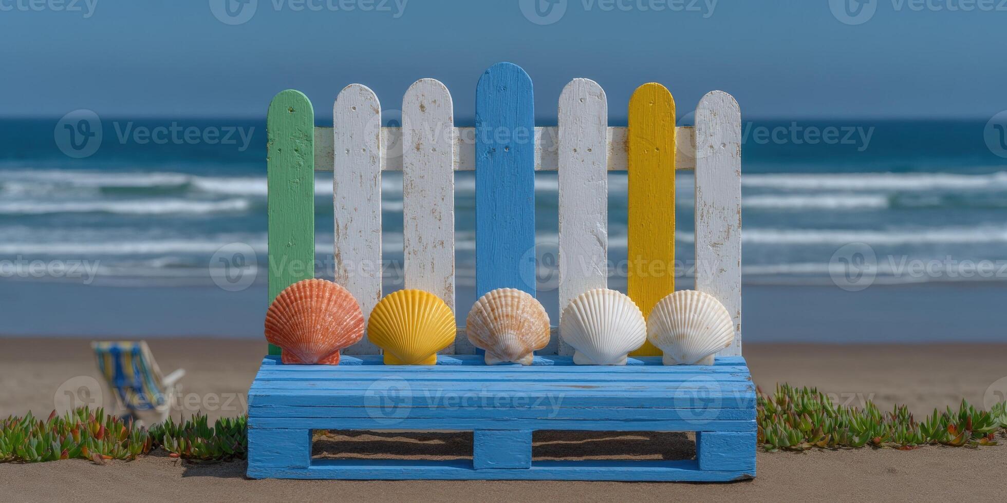 Seashells on a colorful pallet bench at the beach photo