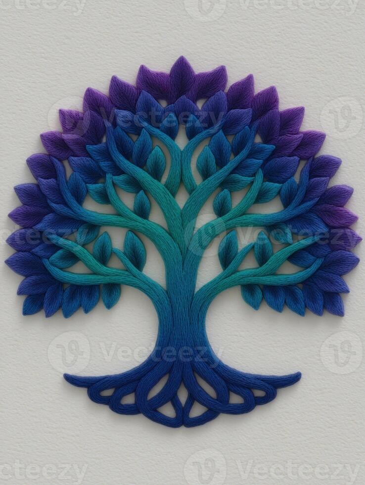 A stylized tree with leaves in shades of blue and purple photo