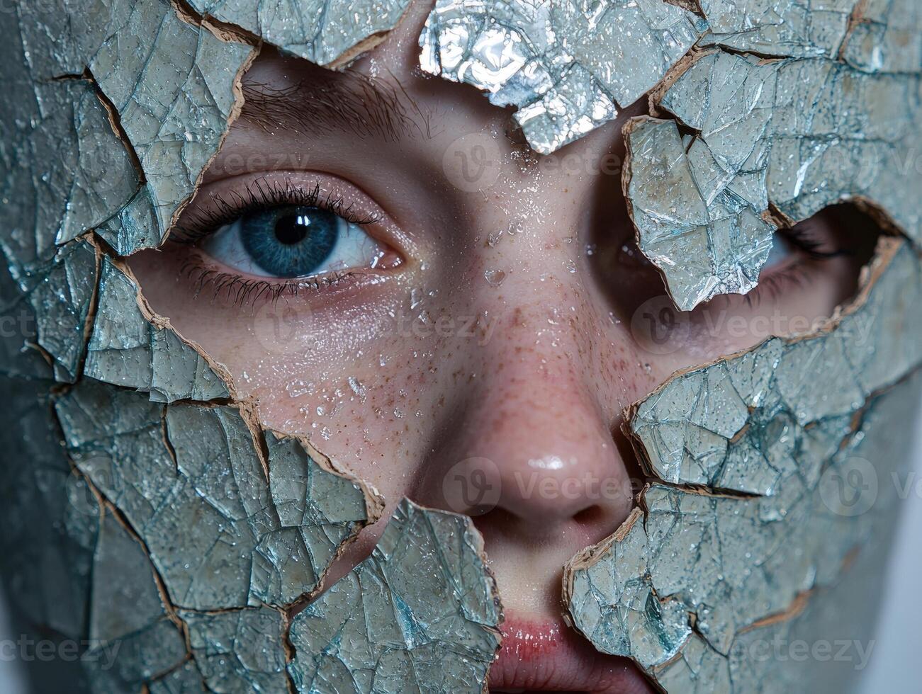 Cracked facade revealing a womans face with blue eyes photo