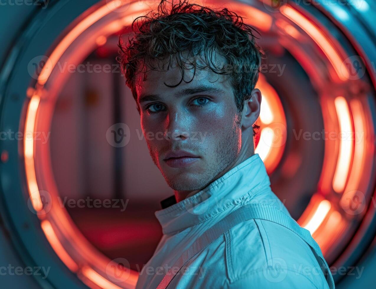 Intense portrait of a young man in futuristic setting photo