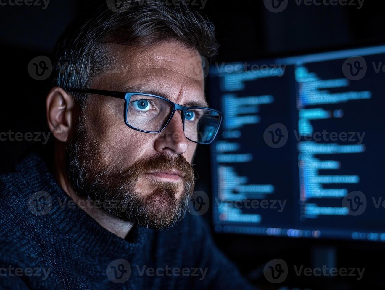 Focused programmer coding at night with computer screen photo