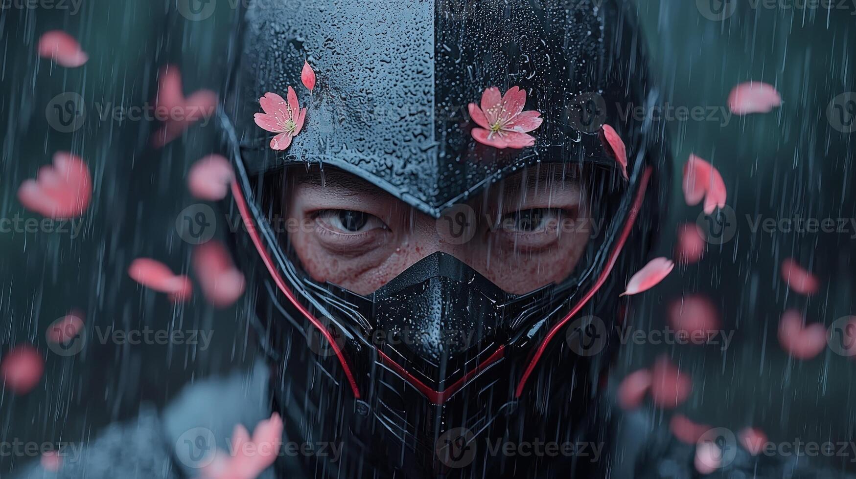 Mysterious ninja warrior in the rain with cherry blossoms photo