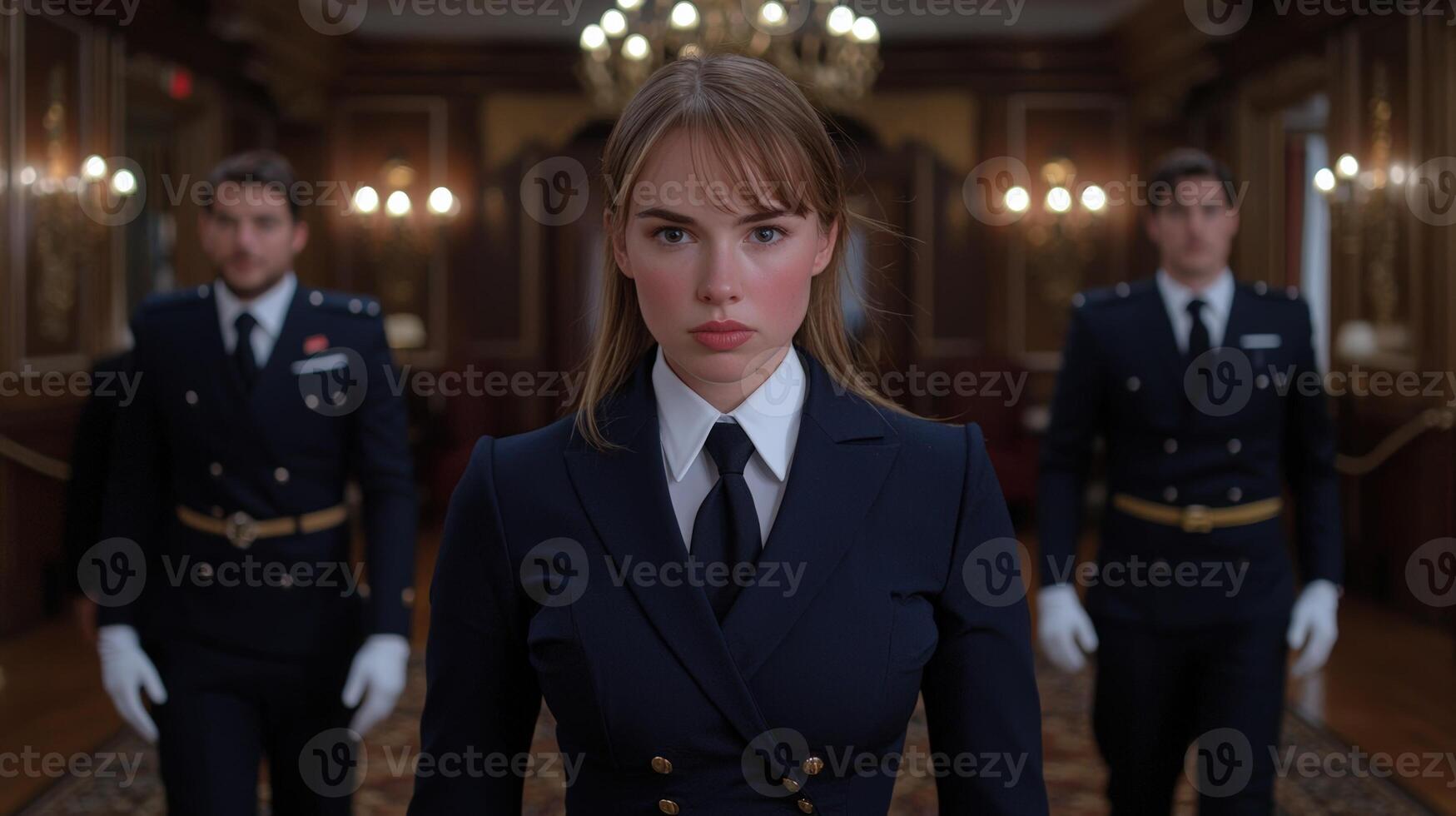 Stern woman in uniform stands guard with stoic expression photo