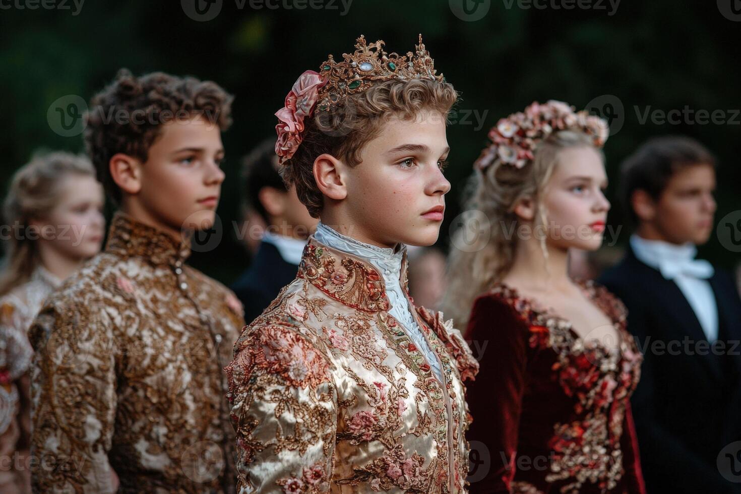 Elegant young royals in ornate formal wear stand regally photo