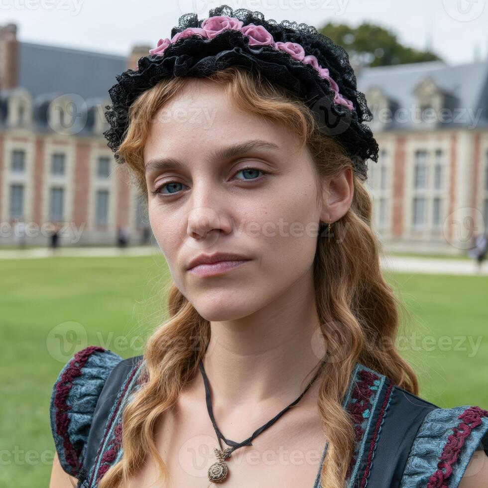 Pensive woman in period costume with floral headpiece outdoors photo