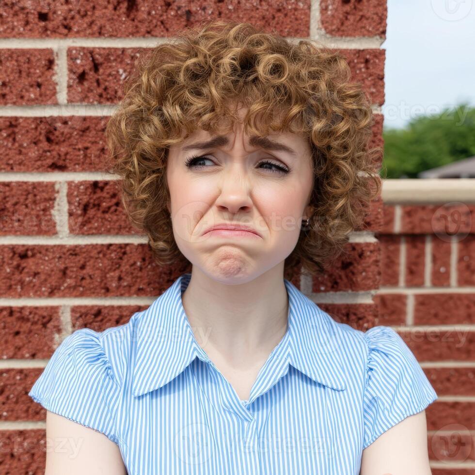 Sad young woman with curly hair pouting outdoors photo