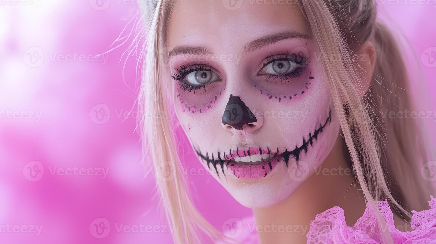 Woman with unique Halloween sugar skull face paint design photo