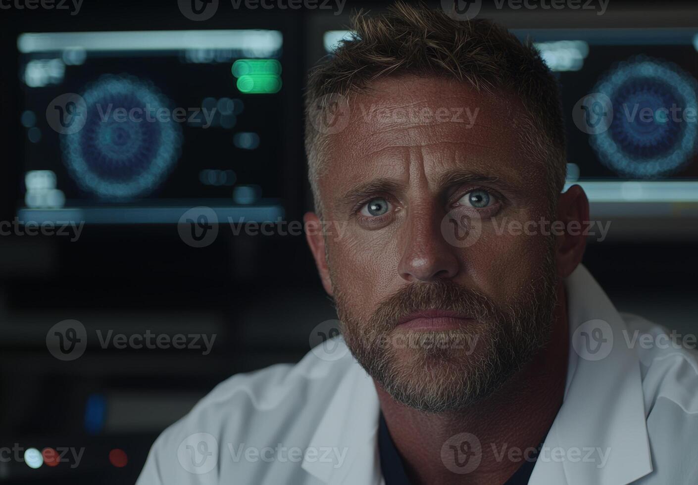 Focused scientist in lab coat studies complex data photo
