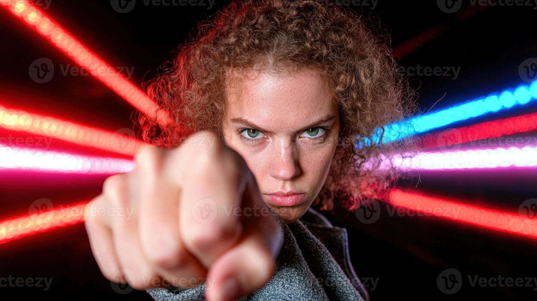 Stern woman points directly at the viewer with intensity photo