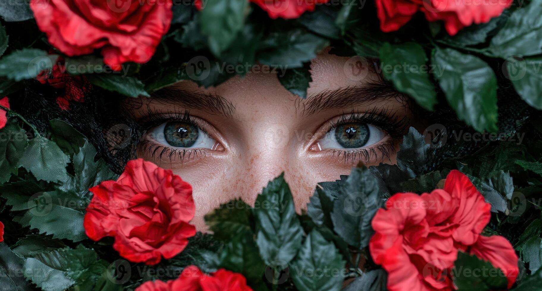 Intense gaze framed by vibrant red roses and green leaves photo