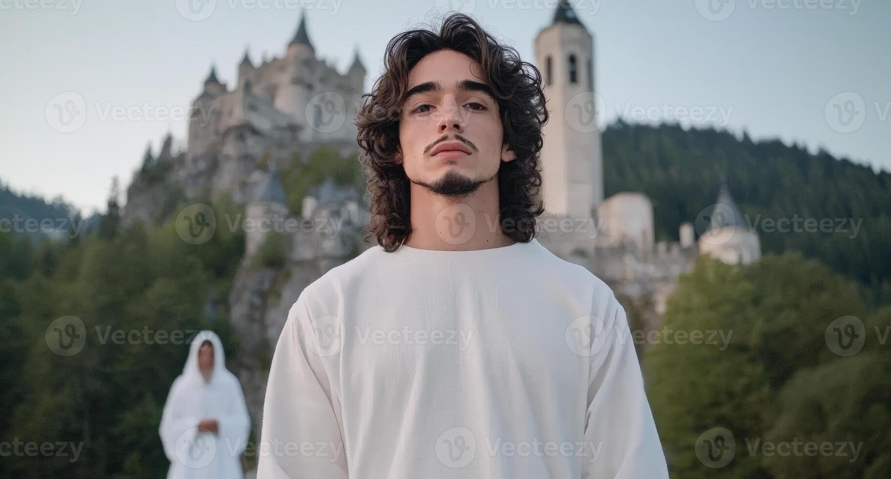 Mystical man in white robes stands before ancient castle photo