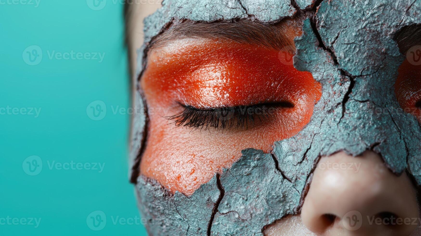 Woman with cracked mud mask on face, skincare treatment photo