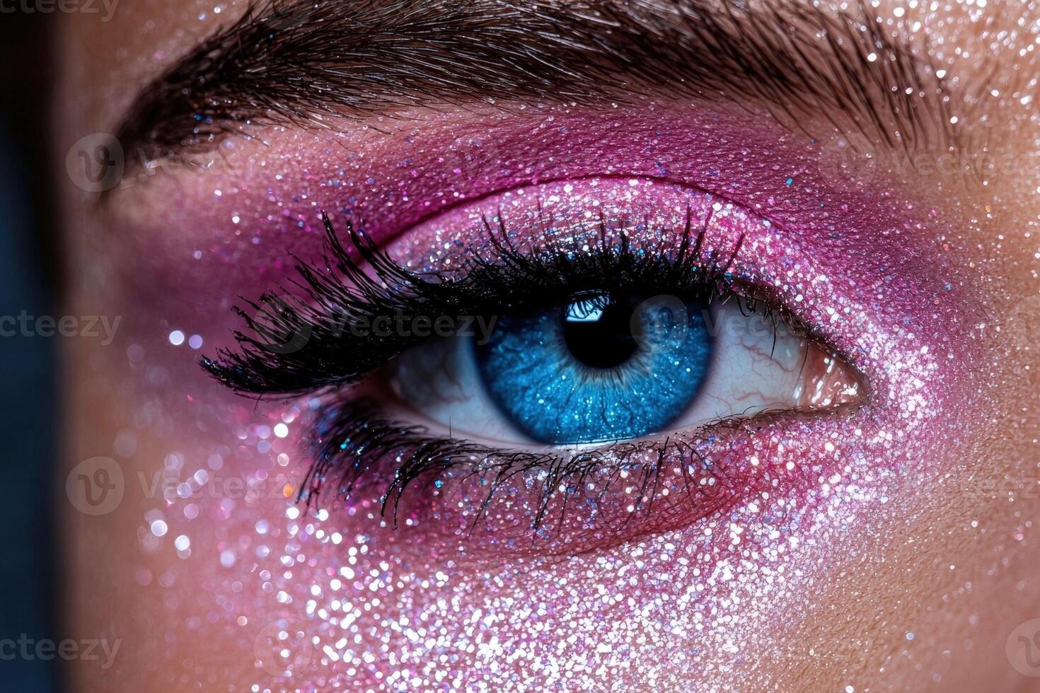 Glittering pink eye makeup with vibrant blue iris photo