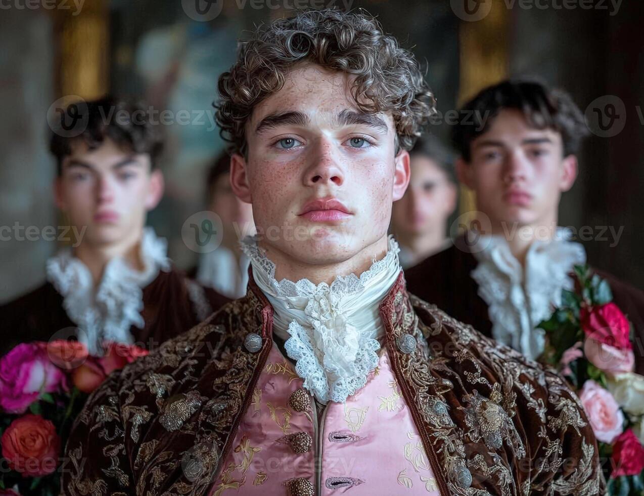Elegant young men in period clothing with floral accents photo