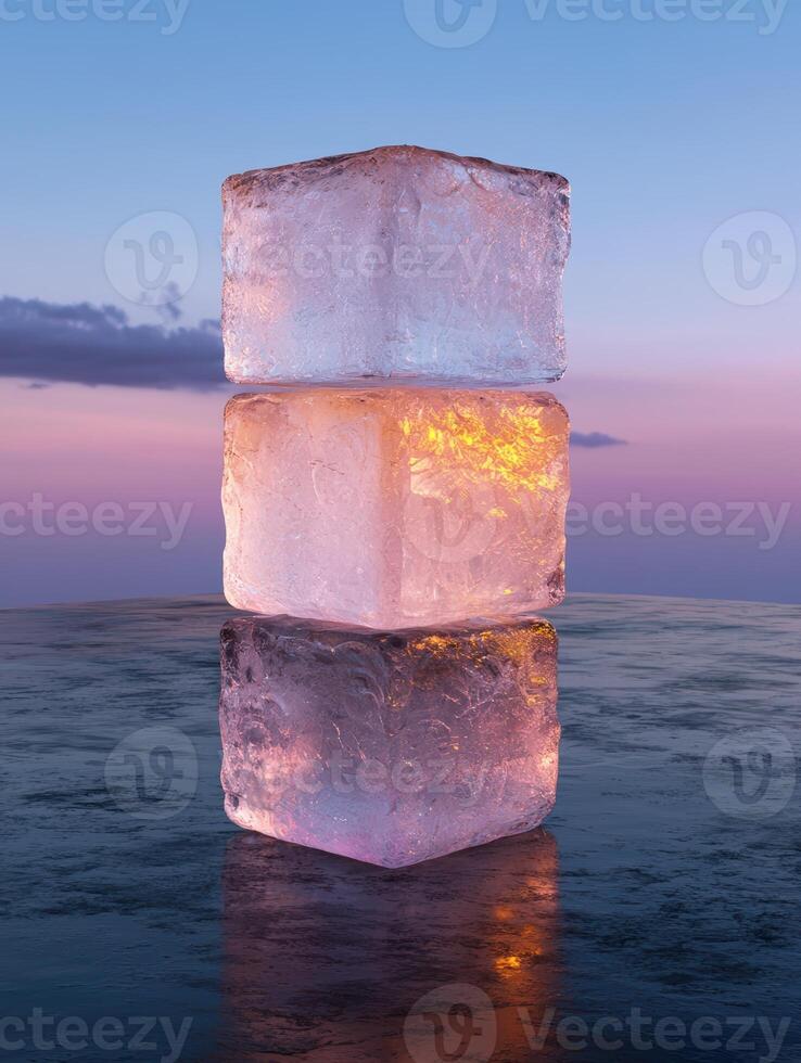 Three ice cubes stacked on a reflective surface at sunset photo