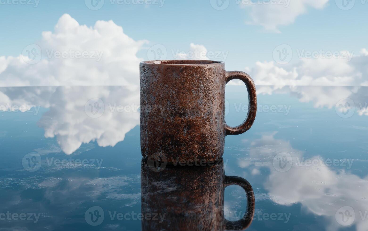 Rustic mug on a reflective surface with cloudy sky photo
