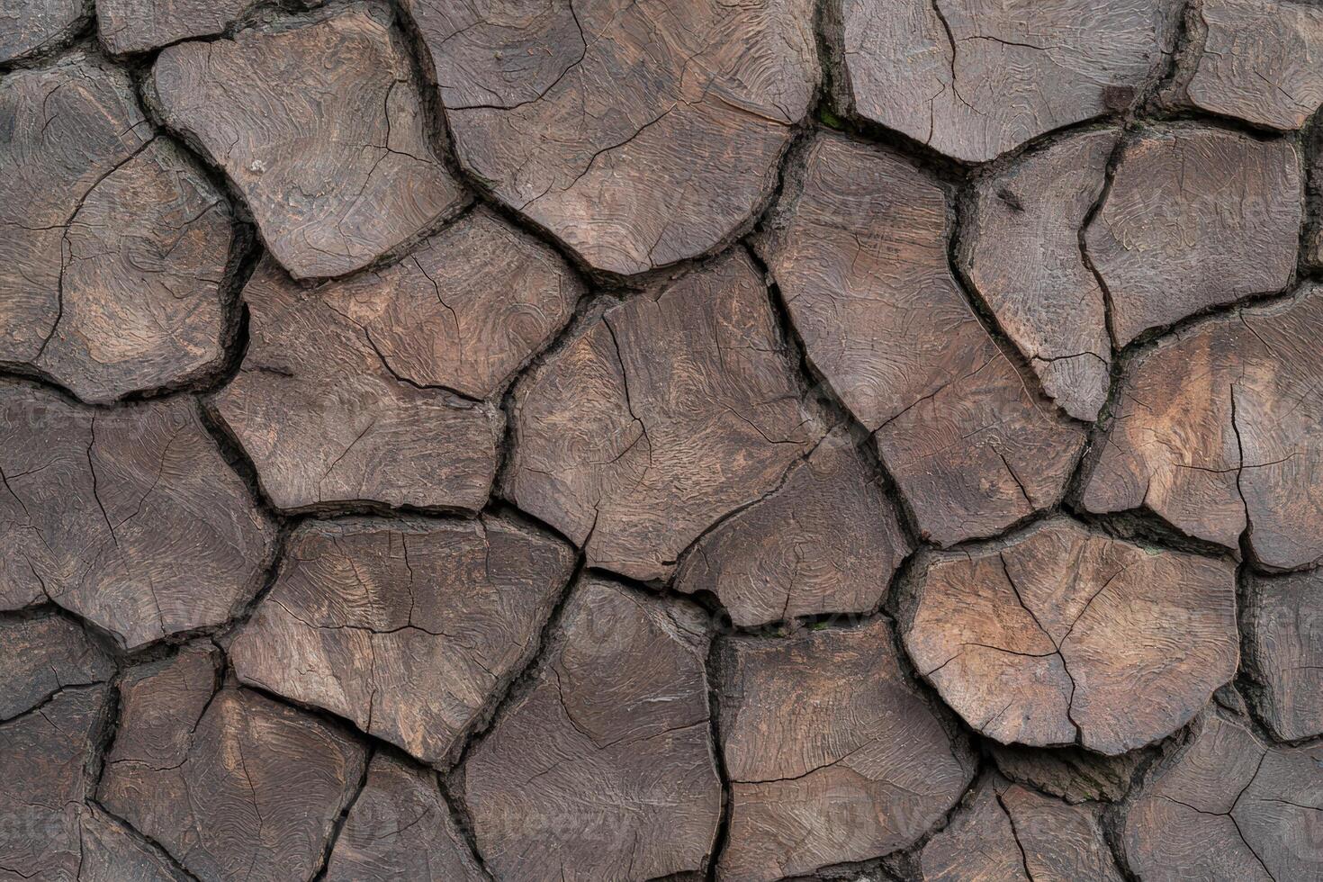Textured surface of rustic wooden block pavement, creating an abstract pattern photo