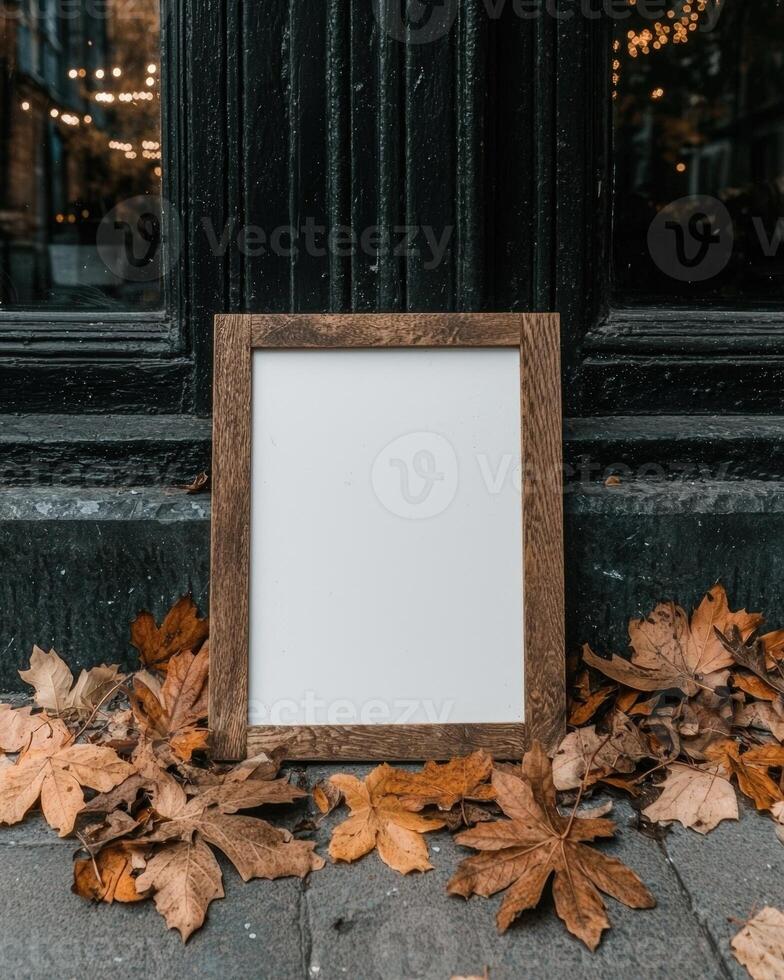 Rustic wooden frame with autumn leaves against a dark backdrop photo