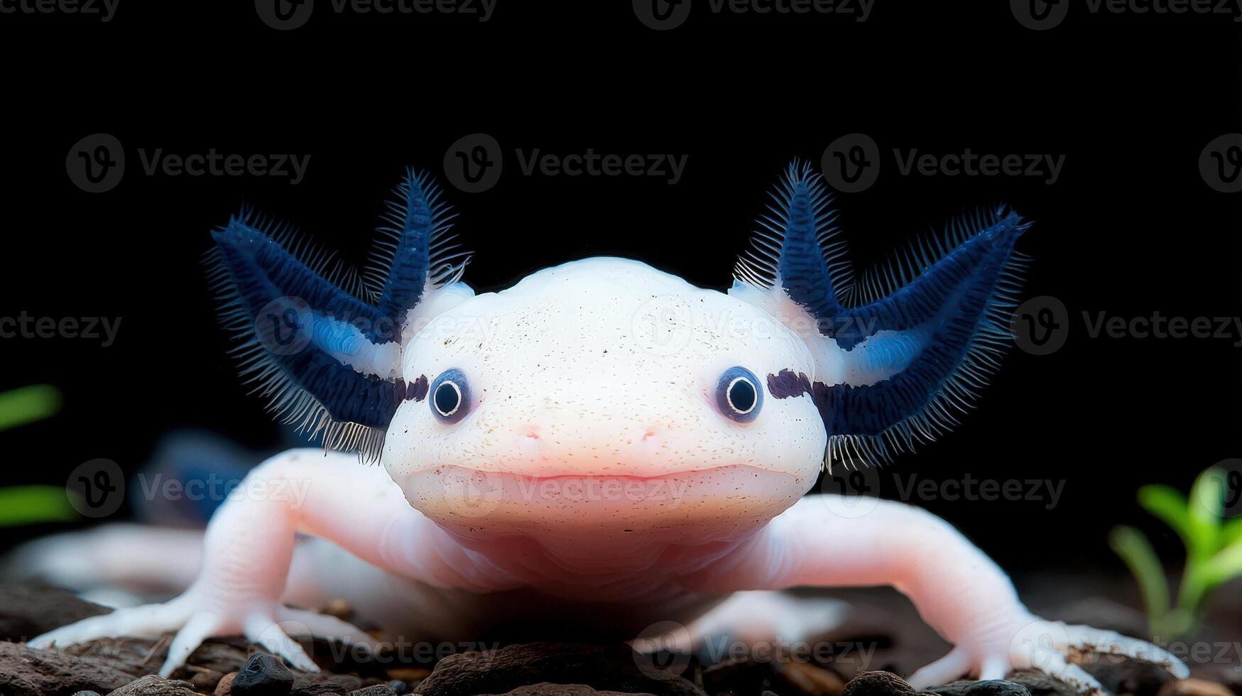 Albino axolotl close up with feathery gills in dark aquarium photo