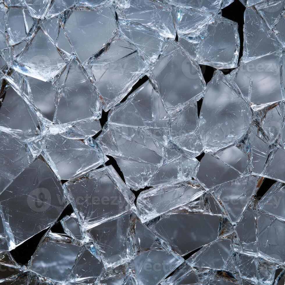 Shattered glass pieces create an abstract, fractured pattern photo