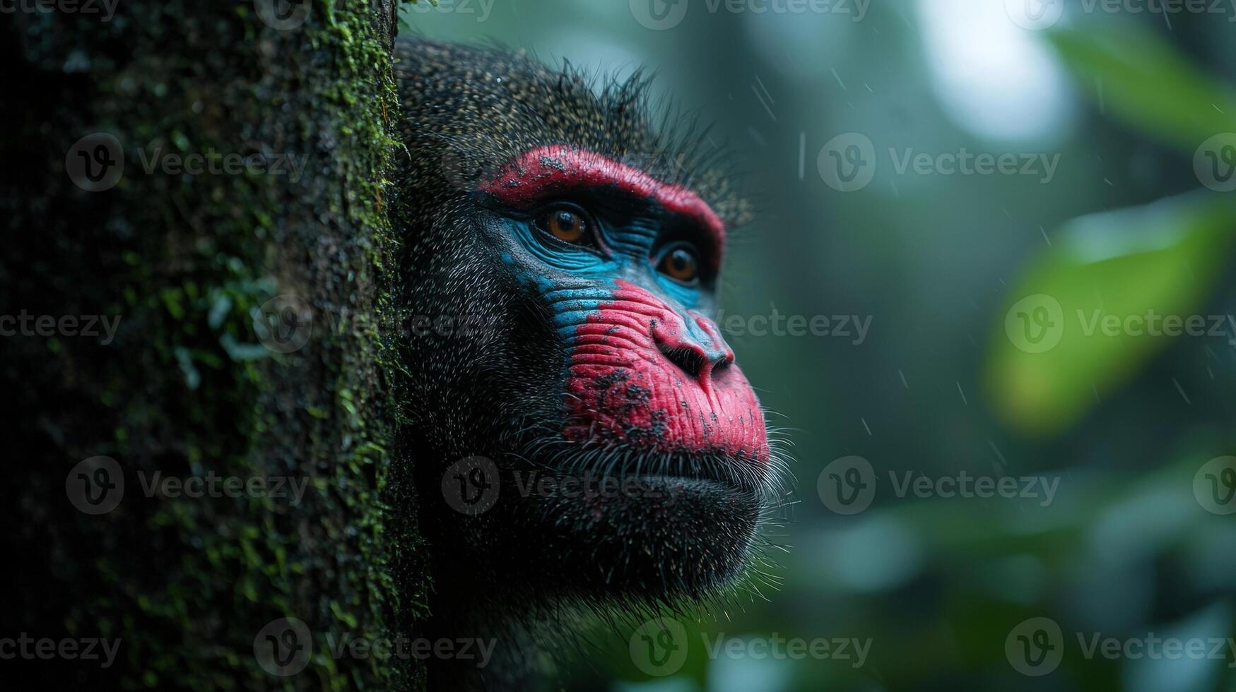 Striking drill monkey peers out from a mossy tree photo