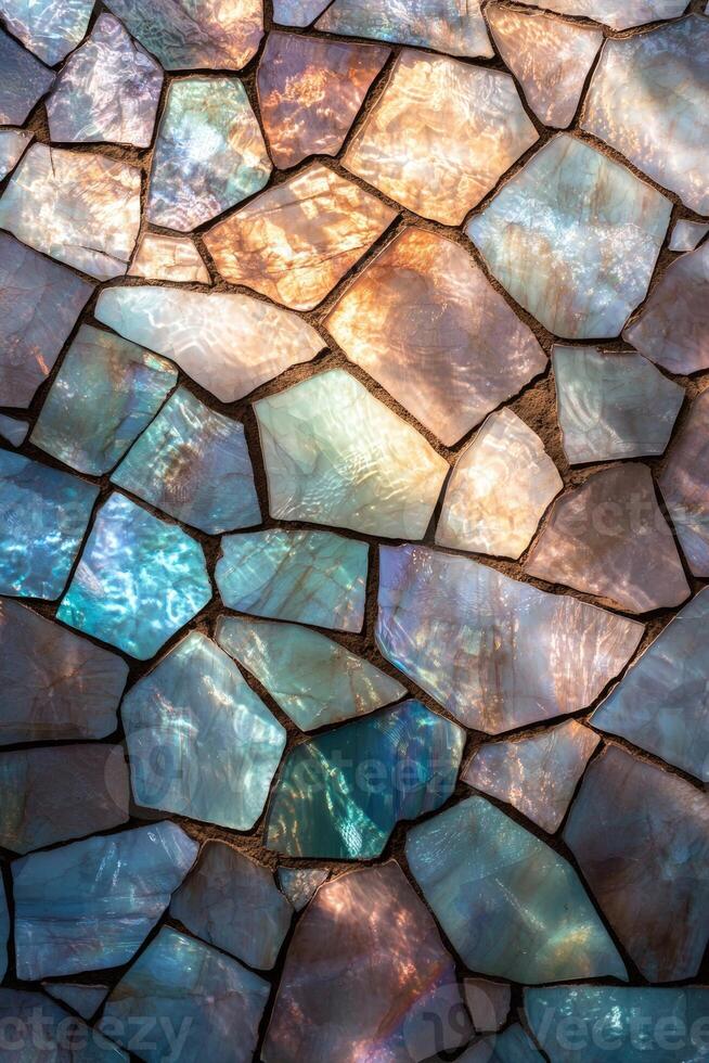 Iridescent abalone shell mosaic tile background with earthy grout photo