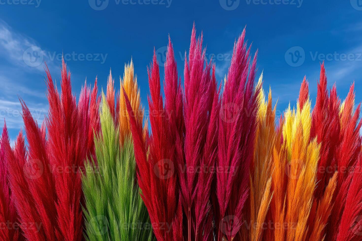 Vibrant ornamental grass plumes against a clear blue sky photo