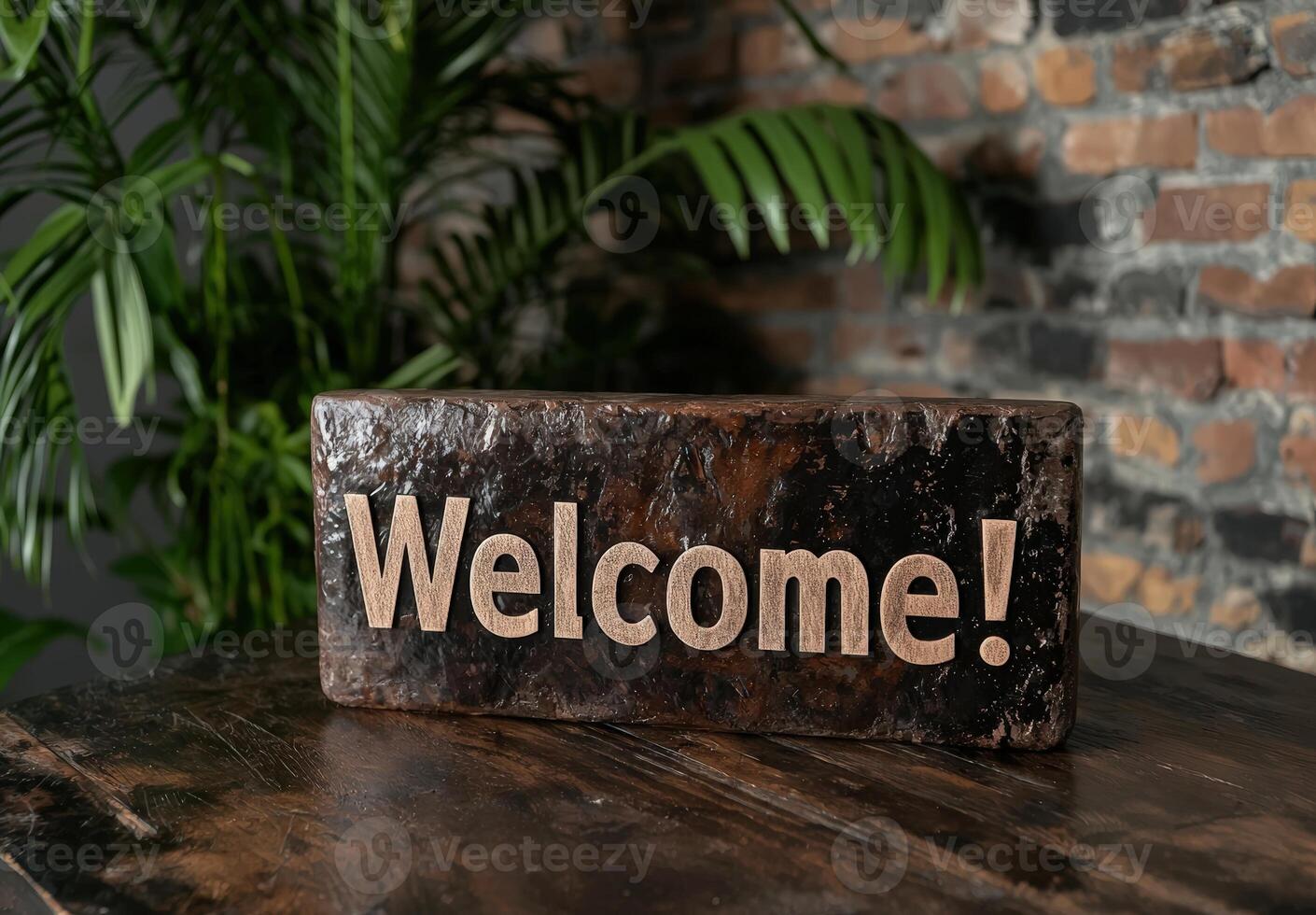 Rustic welcome sign on wooden table with plants photo