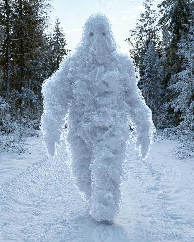 Ethereal snow creature walks through a winter forest photo
