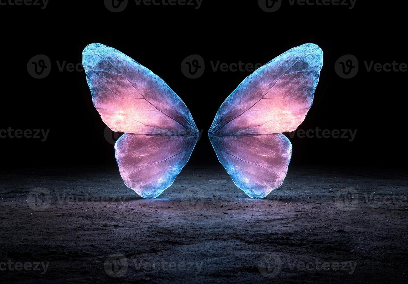 Glowing butterfly wings on dark, textured ground photo