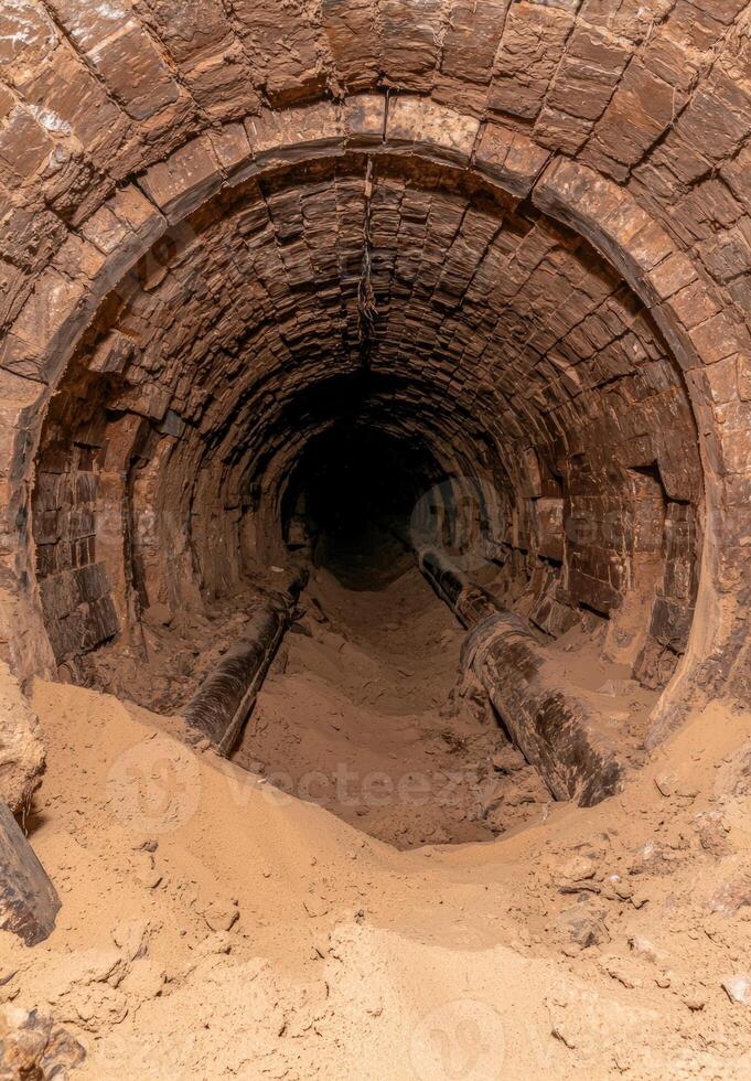 Eerie brick tunnel with pipes and sand leading into darkness photo