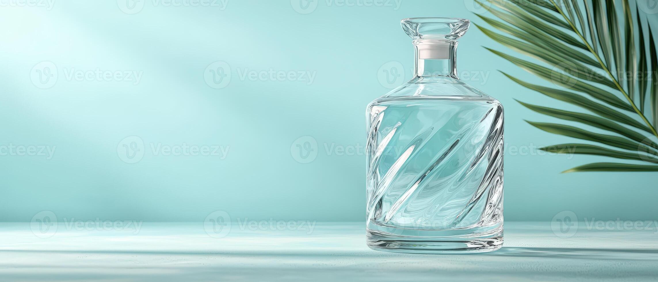 Elegant glass decanter with clear liquid and palm leaf photo
