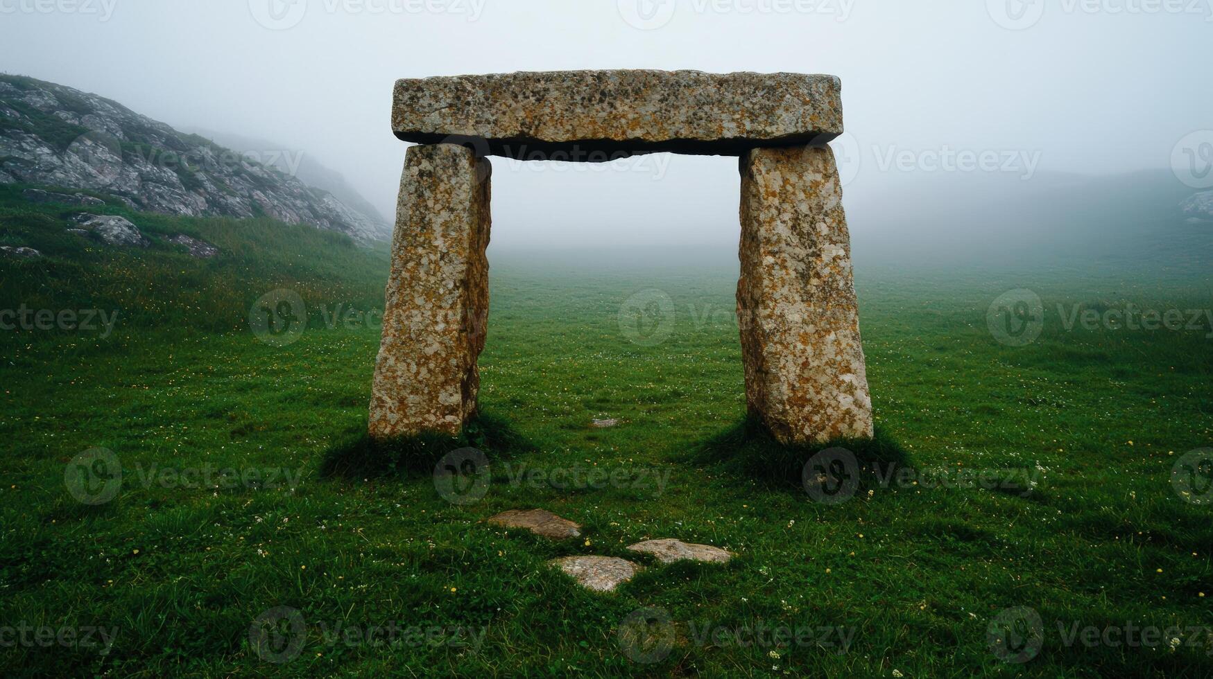 Ancient stone portal stands in a misty green field photo